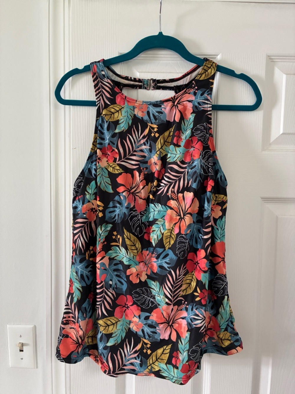 Floral Tropical Halter Swim Tank Top - Black with Coral & Teal
